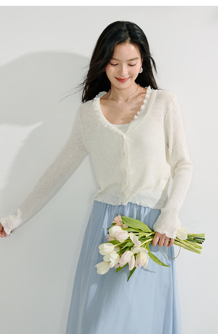 Inman Lotus Leaf V-Neck Lightweight Knit Cardigan Slim Fit Long Sleeve Top Vacation Style 27